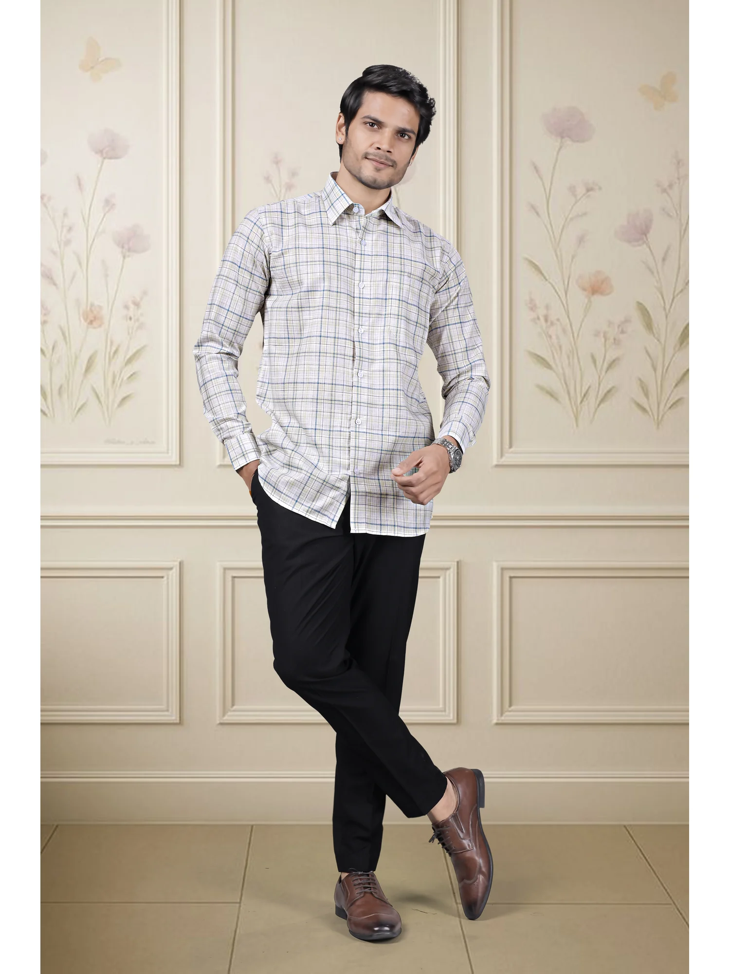 Long sleeve shirt, white and blue check, collar, buttons, worn by a model