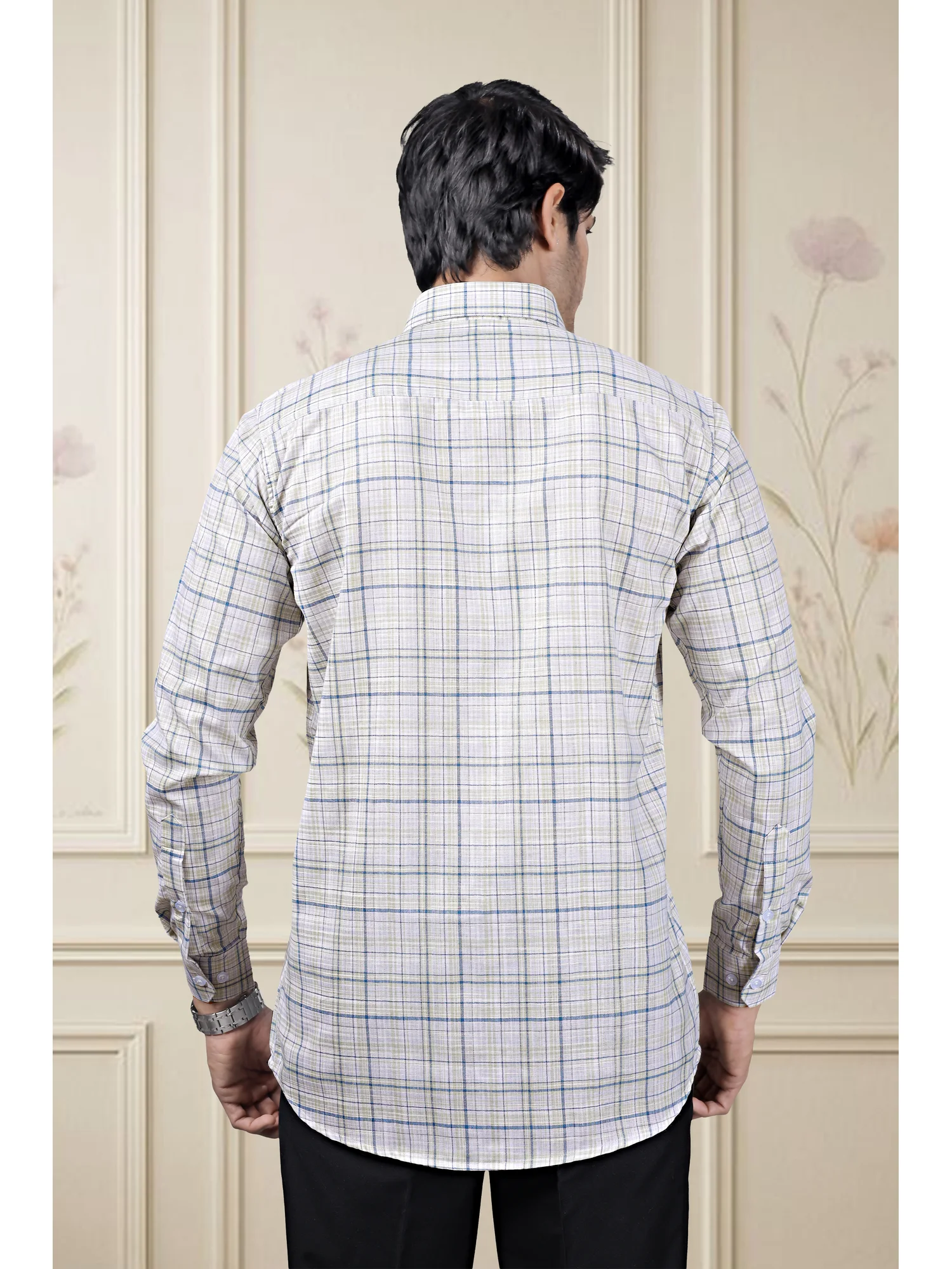 Long sleeve shirt, white with blue and green grid pattern, back view, worn by a model