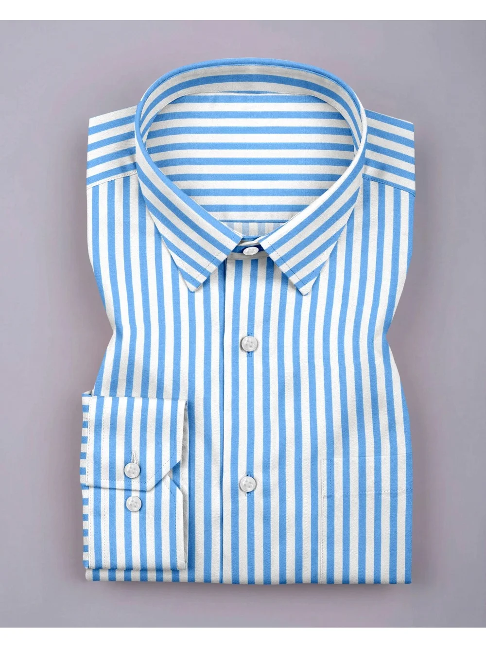Blue and white striped dress shirt, folded, collar visible, buttons