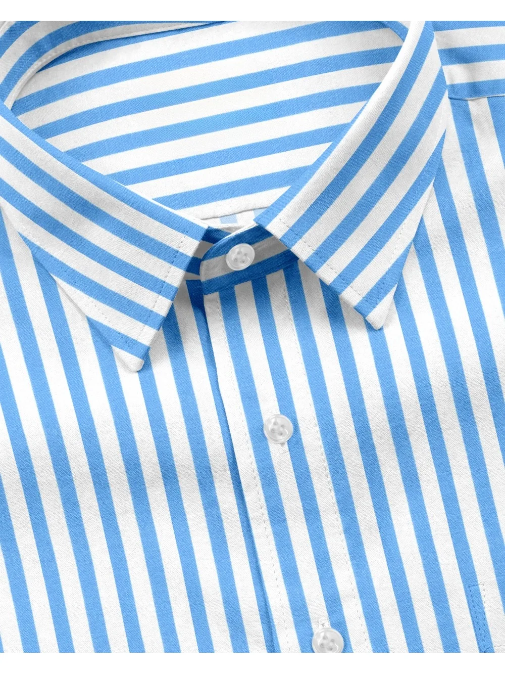 Blue and white striped shirt, collar and buttons visible, close-up