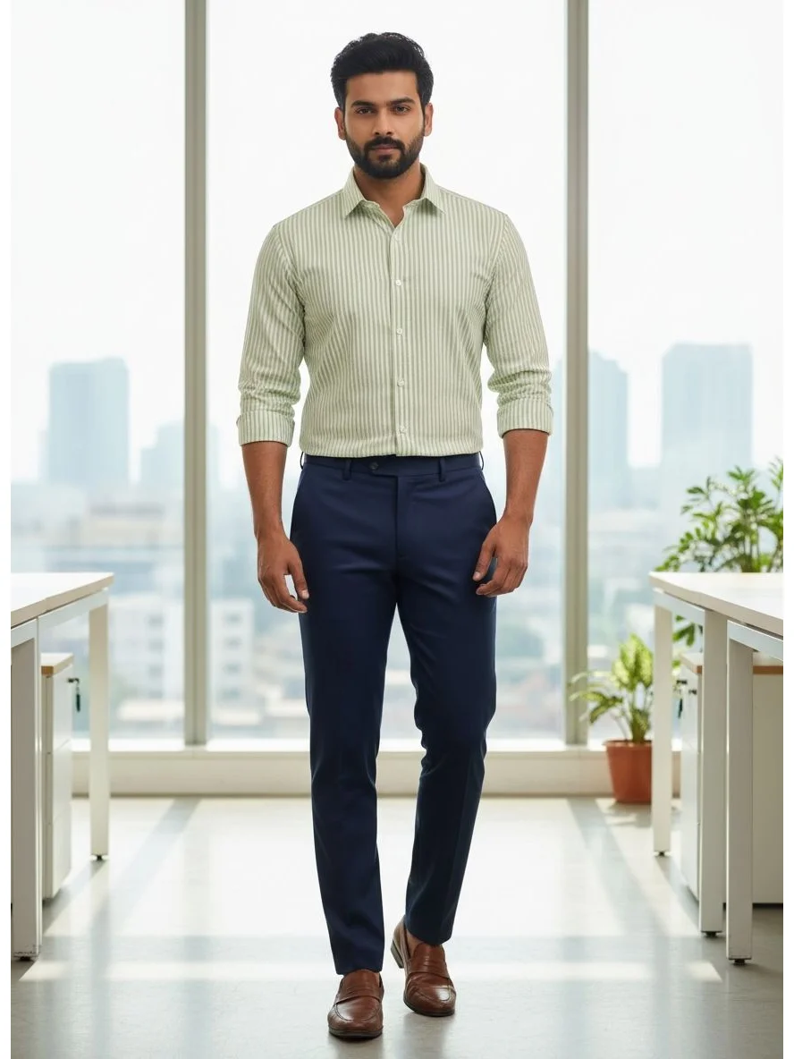 Green and white striped shirt, collar, buttons, rolled sleeves, worn by a model