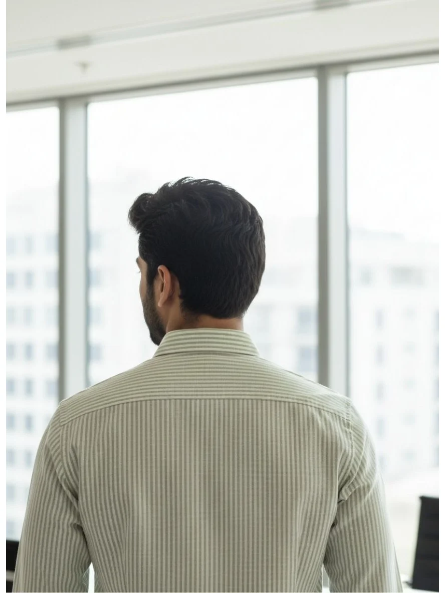 Olive green striped shirt, back view, worn by a model, short sleeves