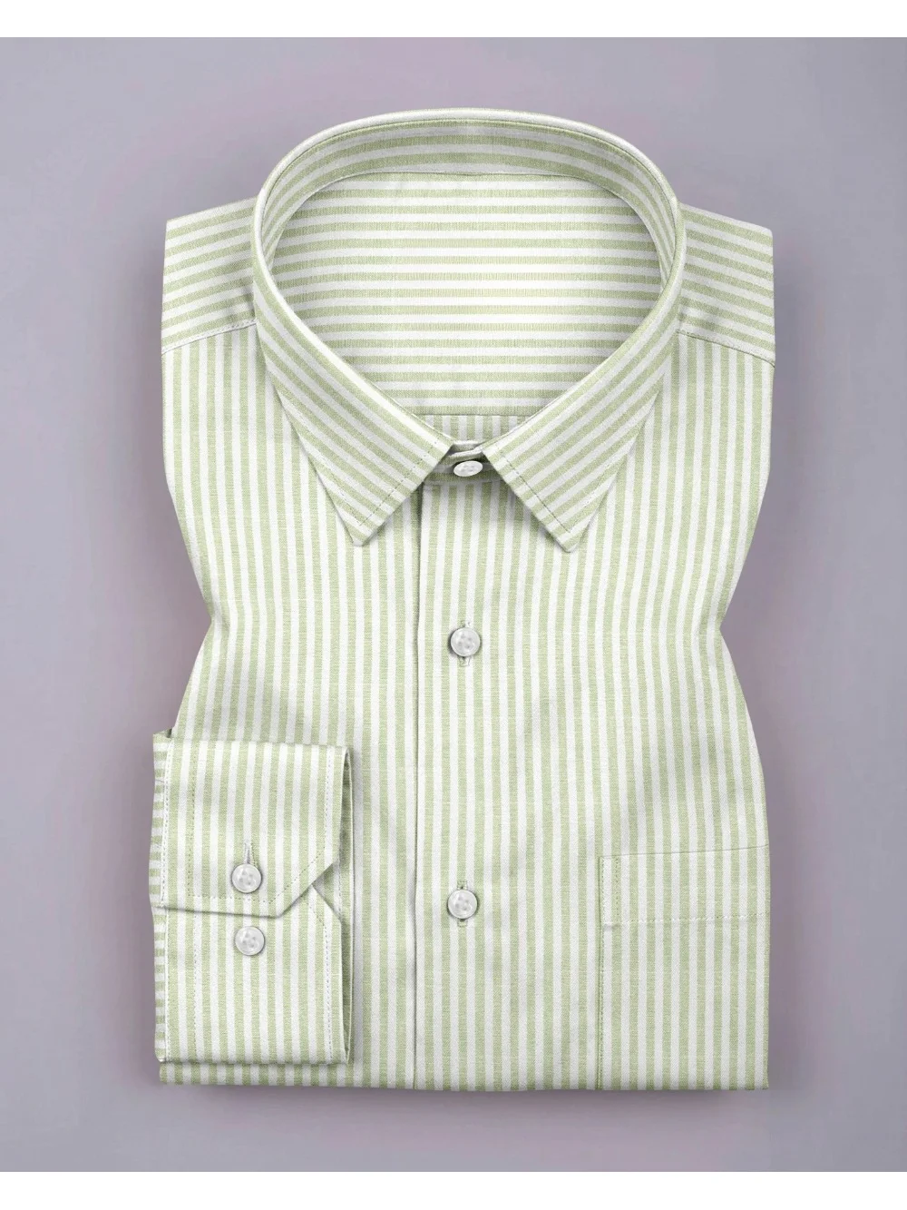 Green and white striped dress shirt, folded, collar visible, buttons, flat lay