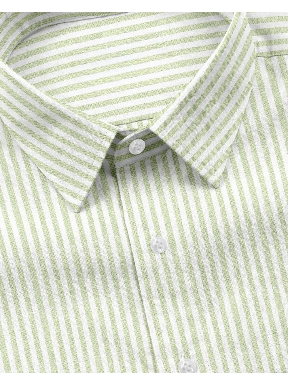 Green and white striped shirt, collar and buttons visible, close-up