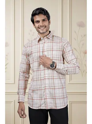 Cotton Linen Checkered Regular Fit Shirt in Multi Red