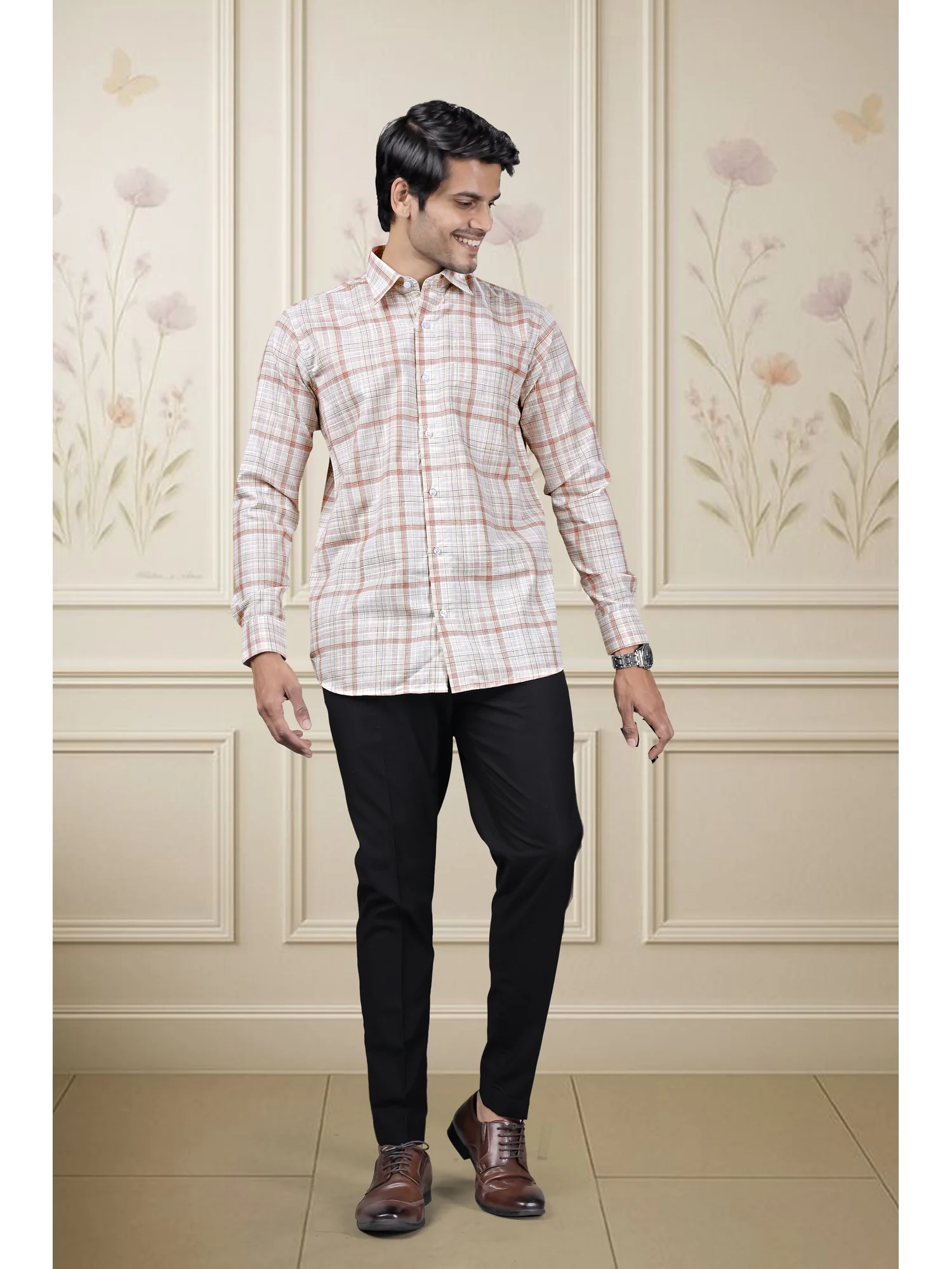 Long sleeve shirt, white and red check, collar, buttons, worn by a model