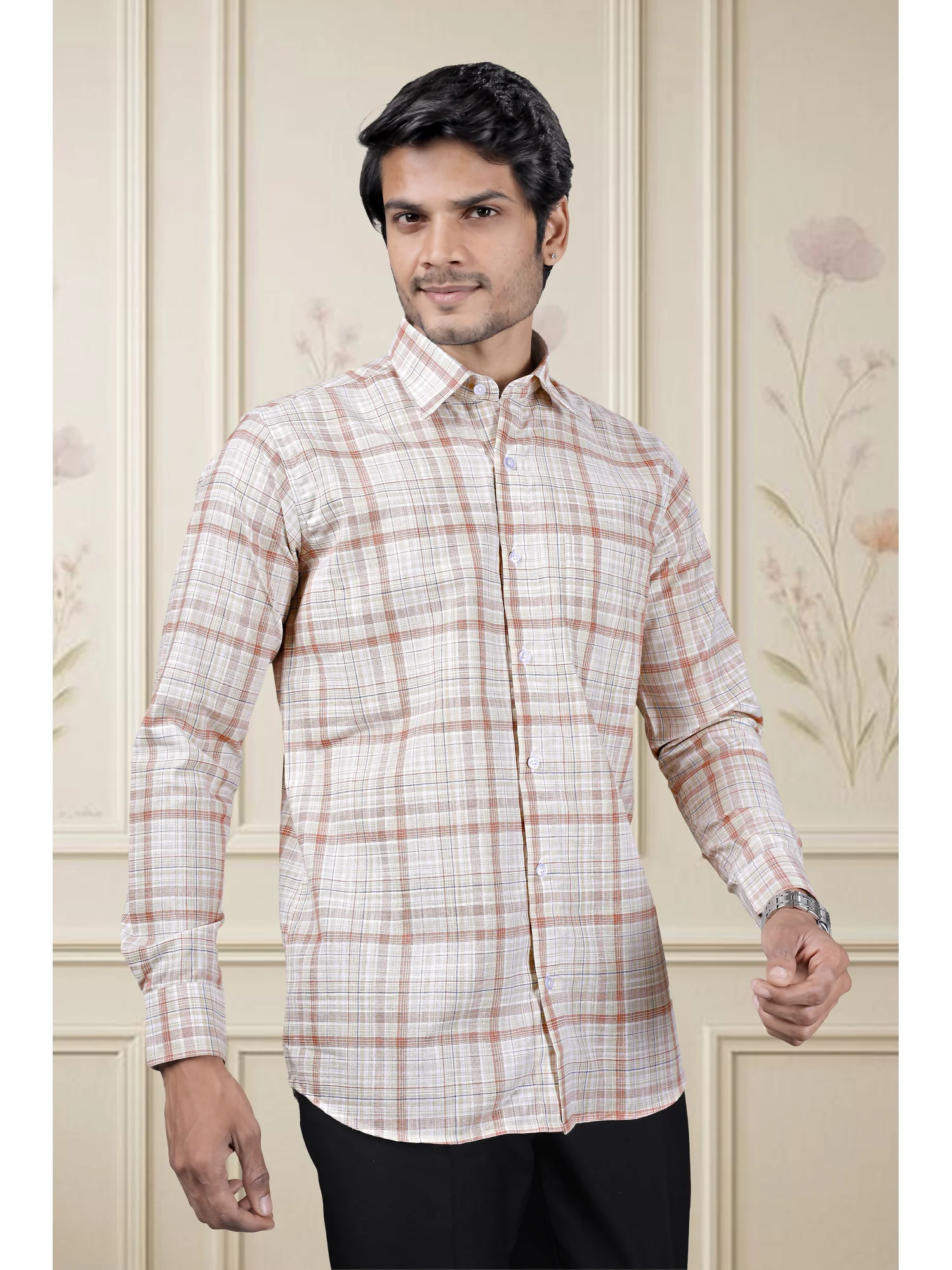 Long sleeve shirt, beige and red plaid, collar, buttons, worn by a model