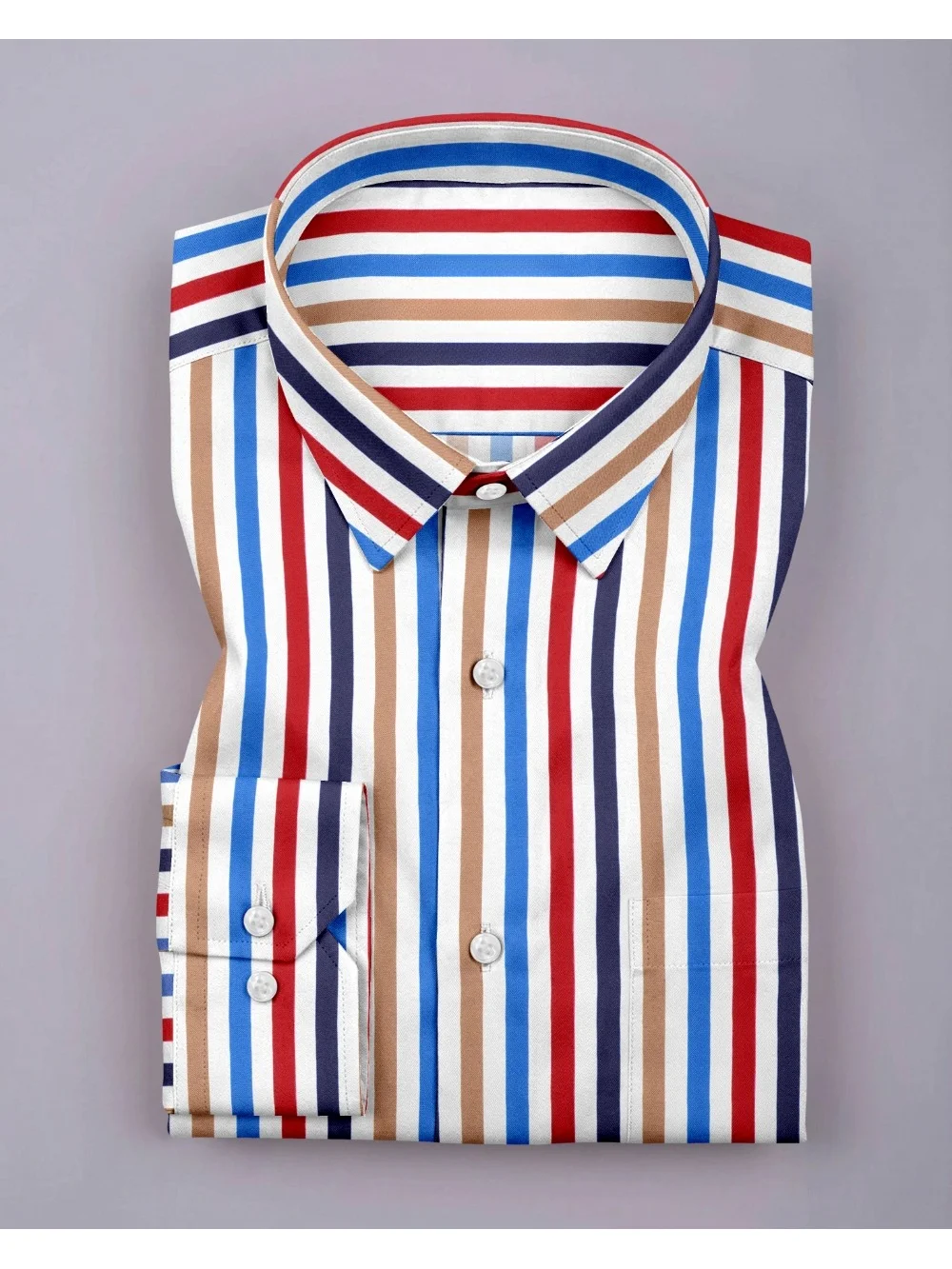 Striped shirt, red, blue, brown, white, folded, collar, buttons
