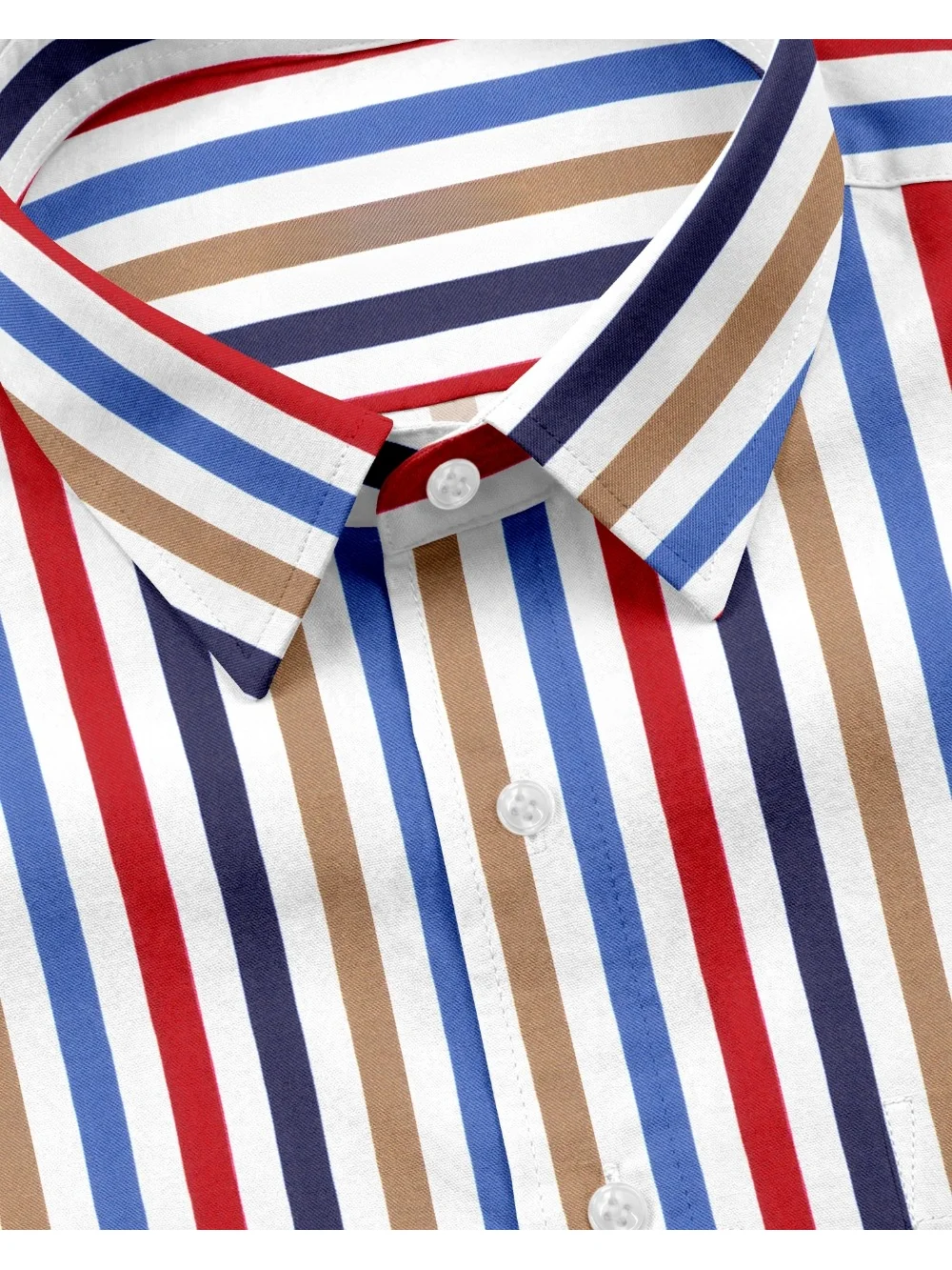 Striped shirt, white base with red, blue, brown stripes, collar, buttons, close-up