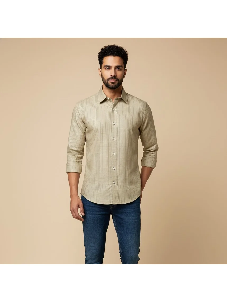 Beige striped shirt, front view, worn by a model, collar, buttons, cuffs, sleeves