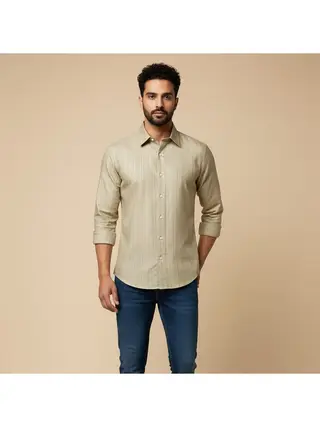 Striped Cotton Linen Regular Fit Shirt in Khaki