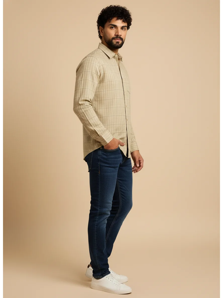 Beige checked shirt, long sleeves, collar, worn by a model, full view