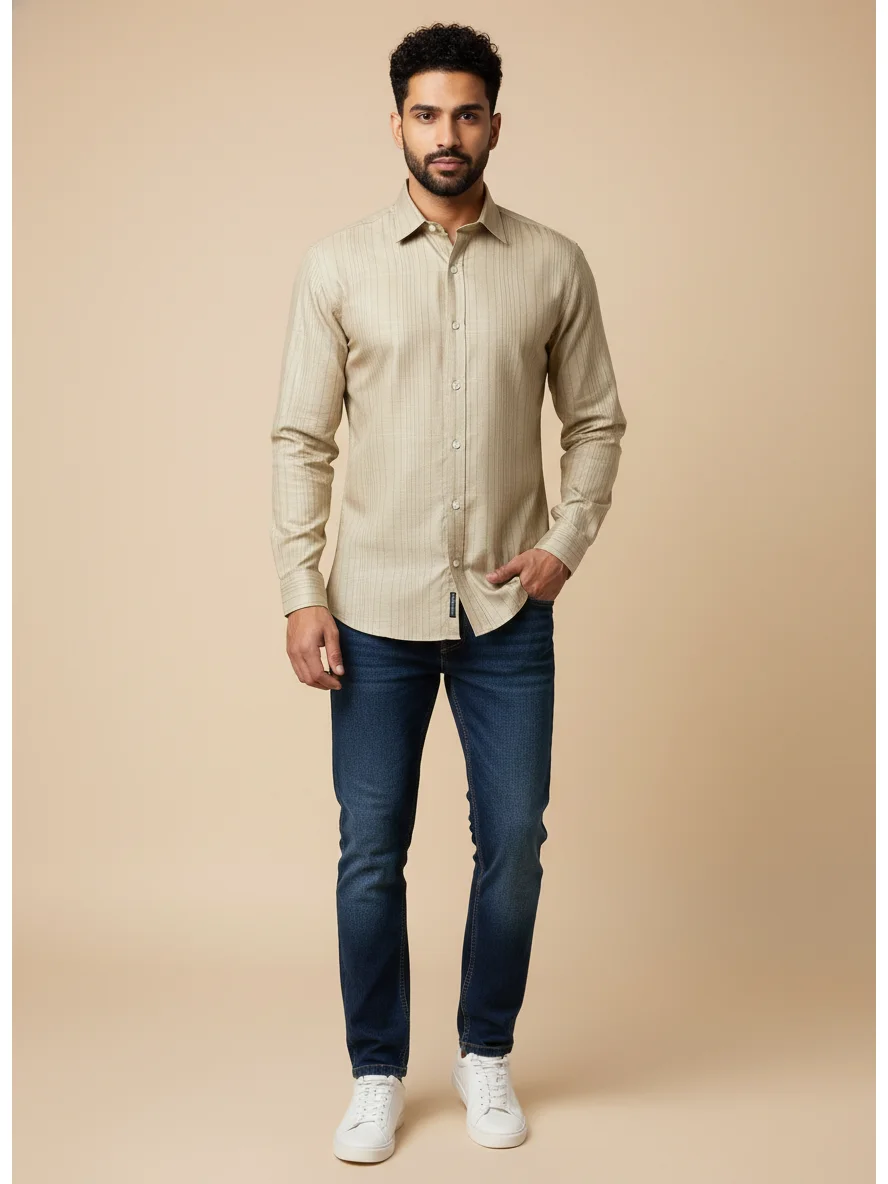 Beige striped shirt, front view, on a model, long sleeves, collar, buttons