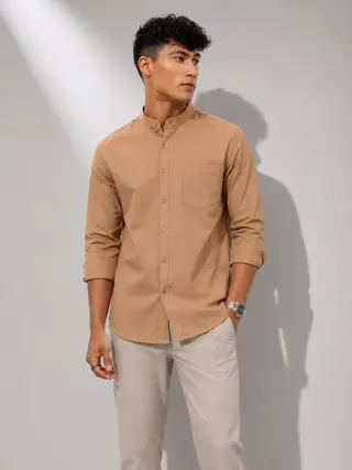 Cotton Blend Solid Regular Fit Shirt Kurta in Peach