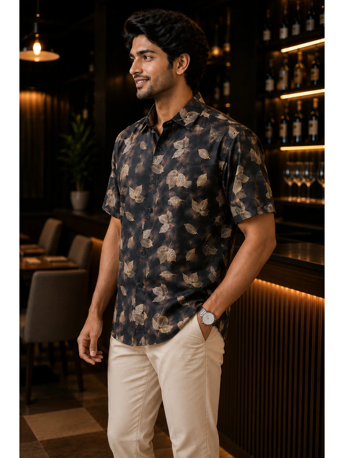 Black and beige floral print short-sleeve shirt, collar, buttons, pocket, worn by a model