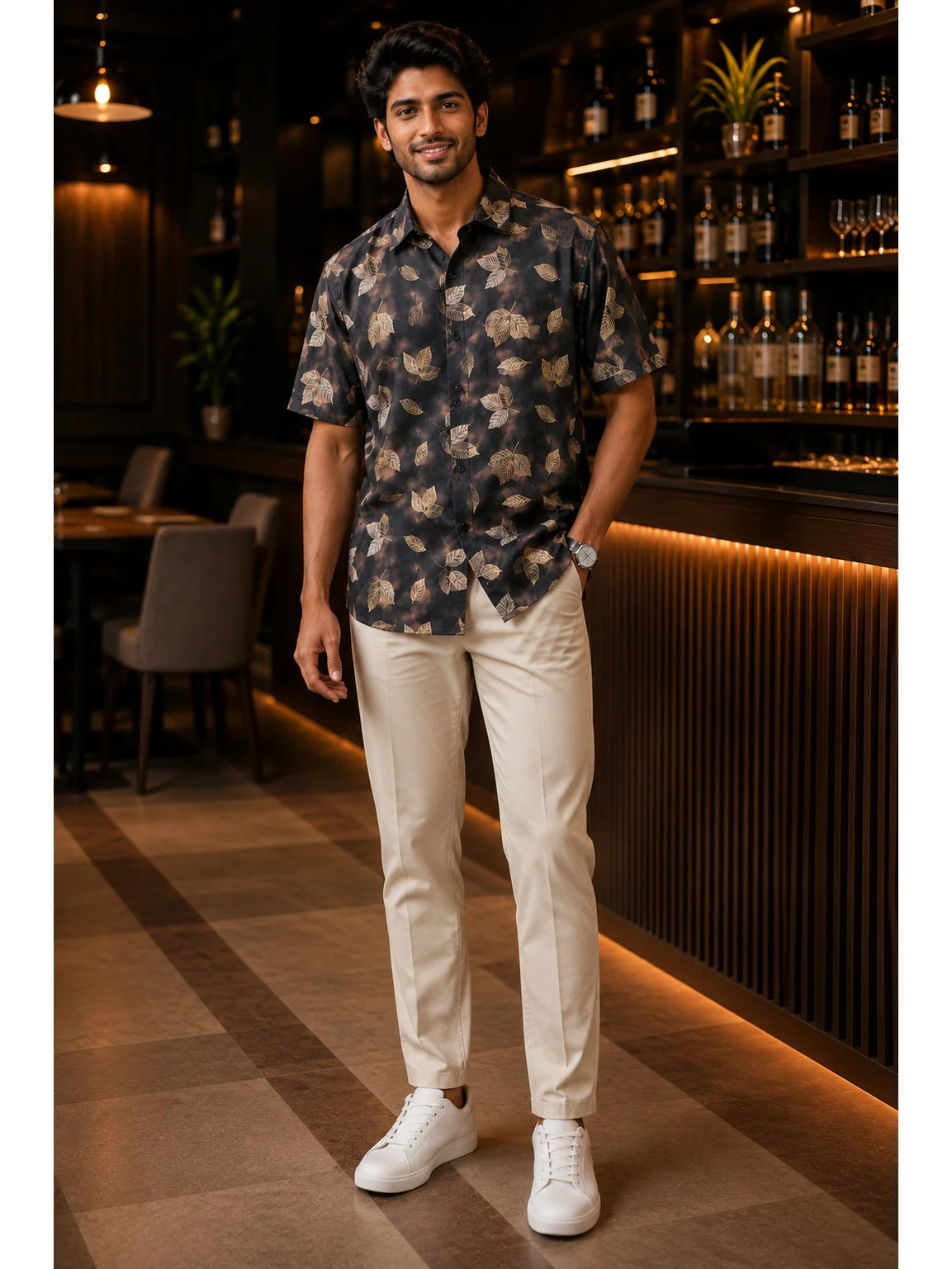 Dark-coloured short-sleeved shirt with beige leaf pattern, worn by a model, front view