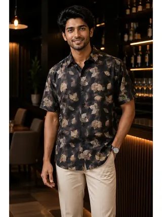 Cotton Blend Floral Print Regular Fit Shirt in Charcoal Black & Beige