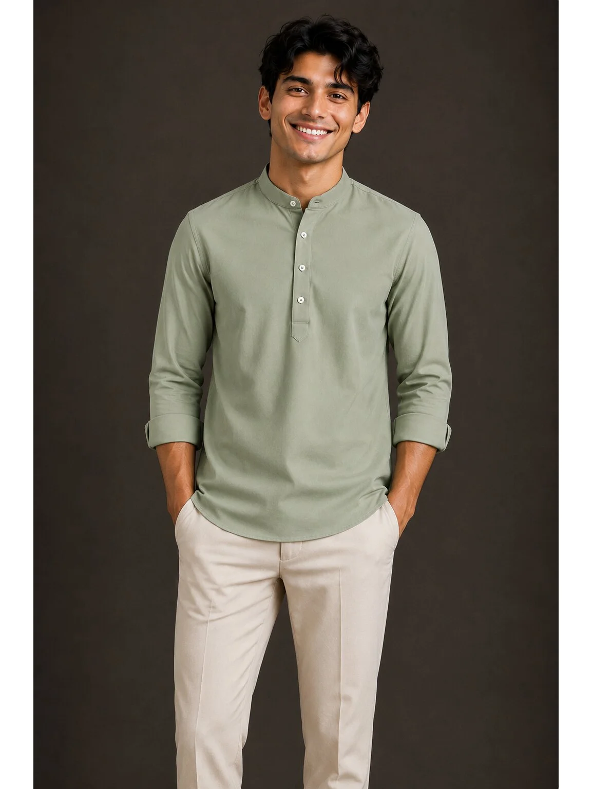 Mint green kurta, long sleeves, mandarin collar, five buttons, pocket on chest, worn by a model