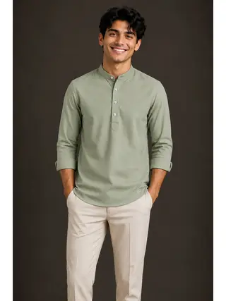 Cotton Blend Solid Regular Fit Short Kurta in Mint Green