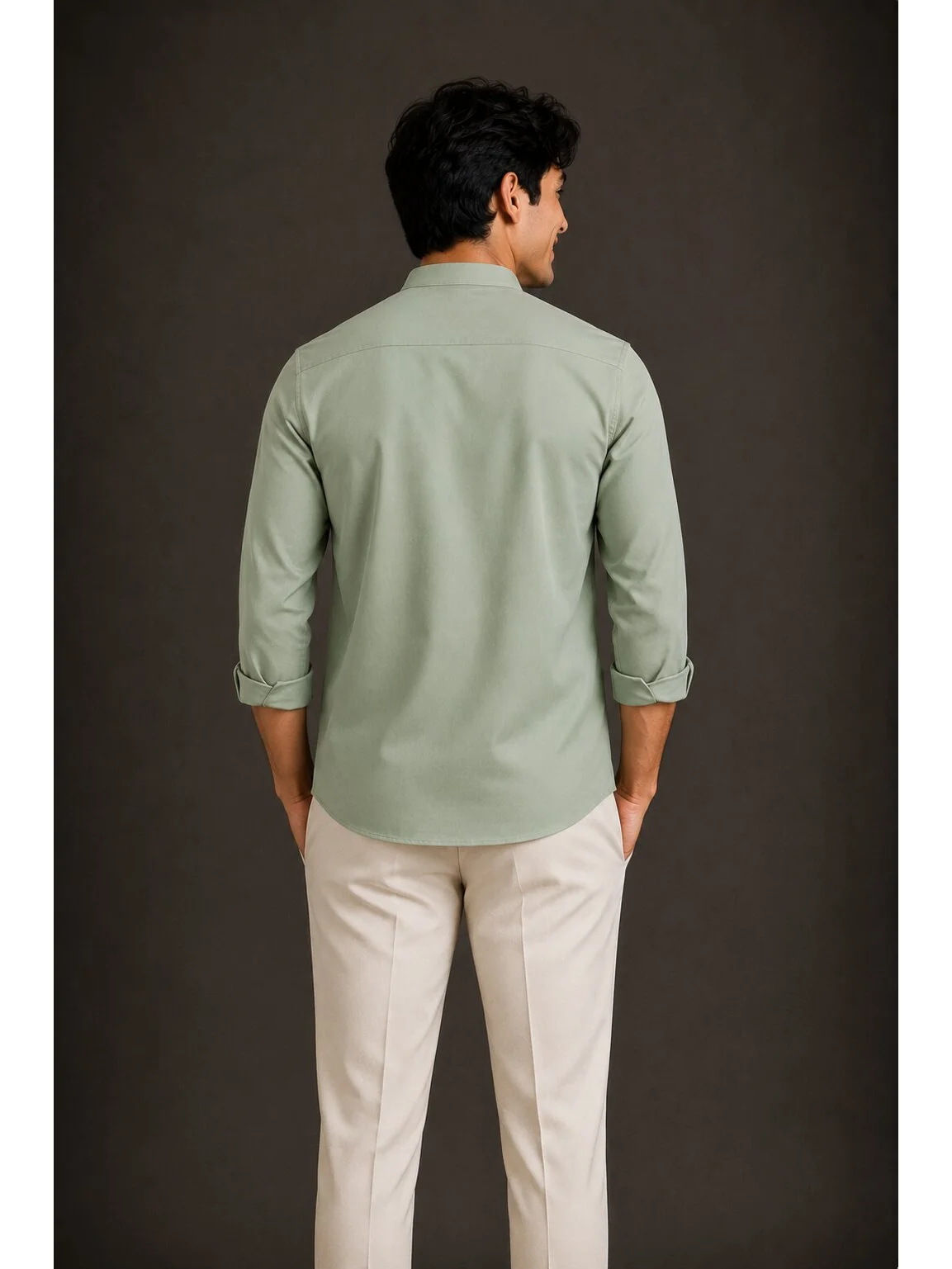 Light green short kurta, back view, worn by a model, collar, cuffed sleeves
