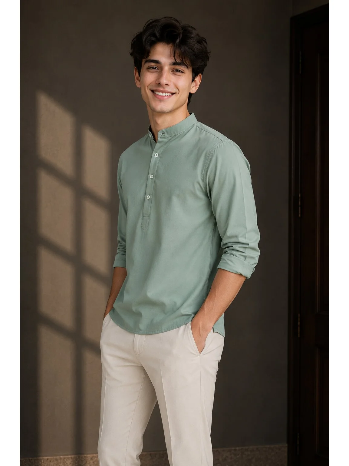 Mint green short kurta, mandarin collar, buttoned placket, rolled sleeves, worn by a model