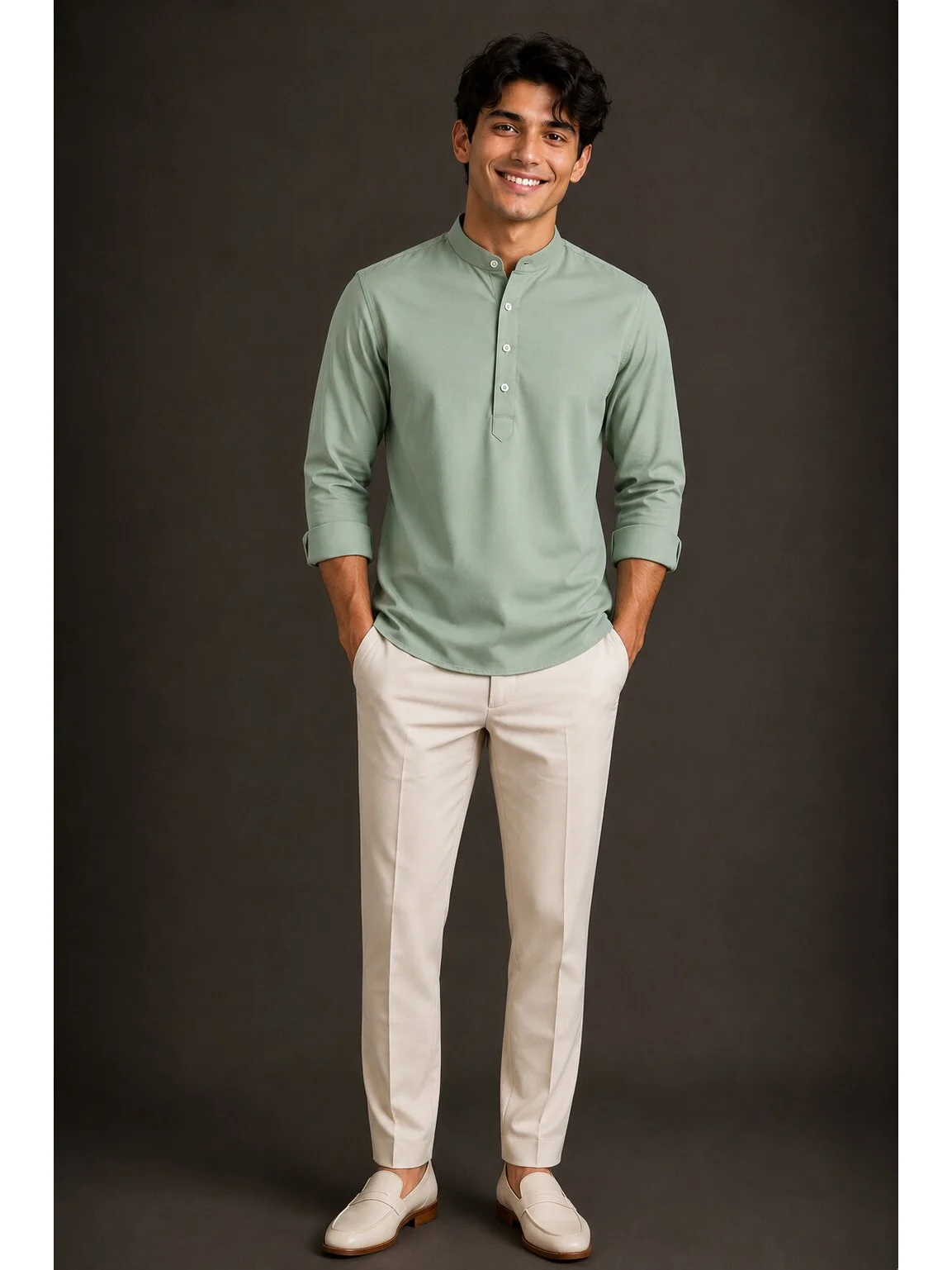 Mint green kurta with mandarin collar, buttons, and cuffed sleeves, worn by a model