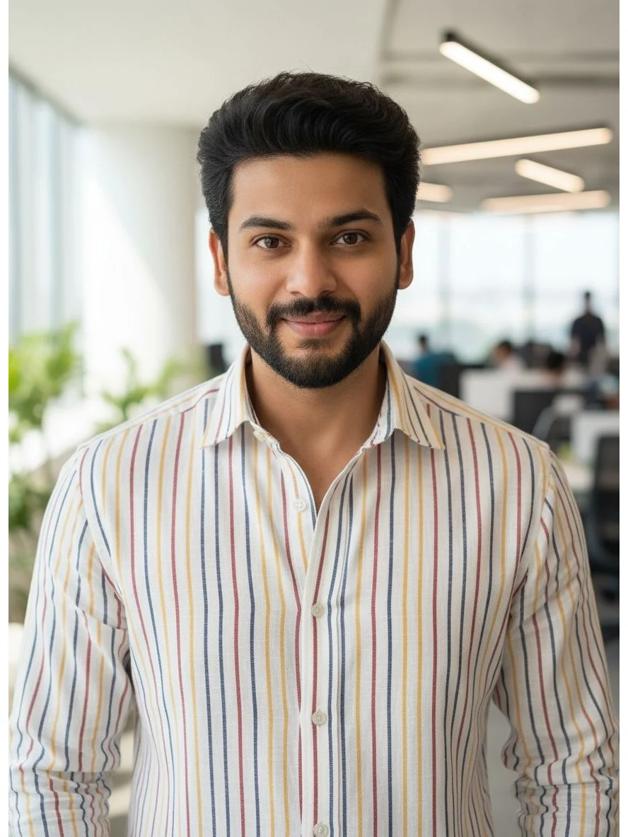 Front view of a bearded man wearing a multi-coloured vertical striped shirt with a pointed collar and buttons