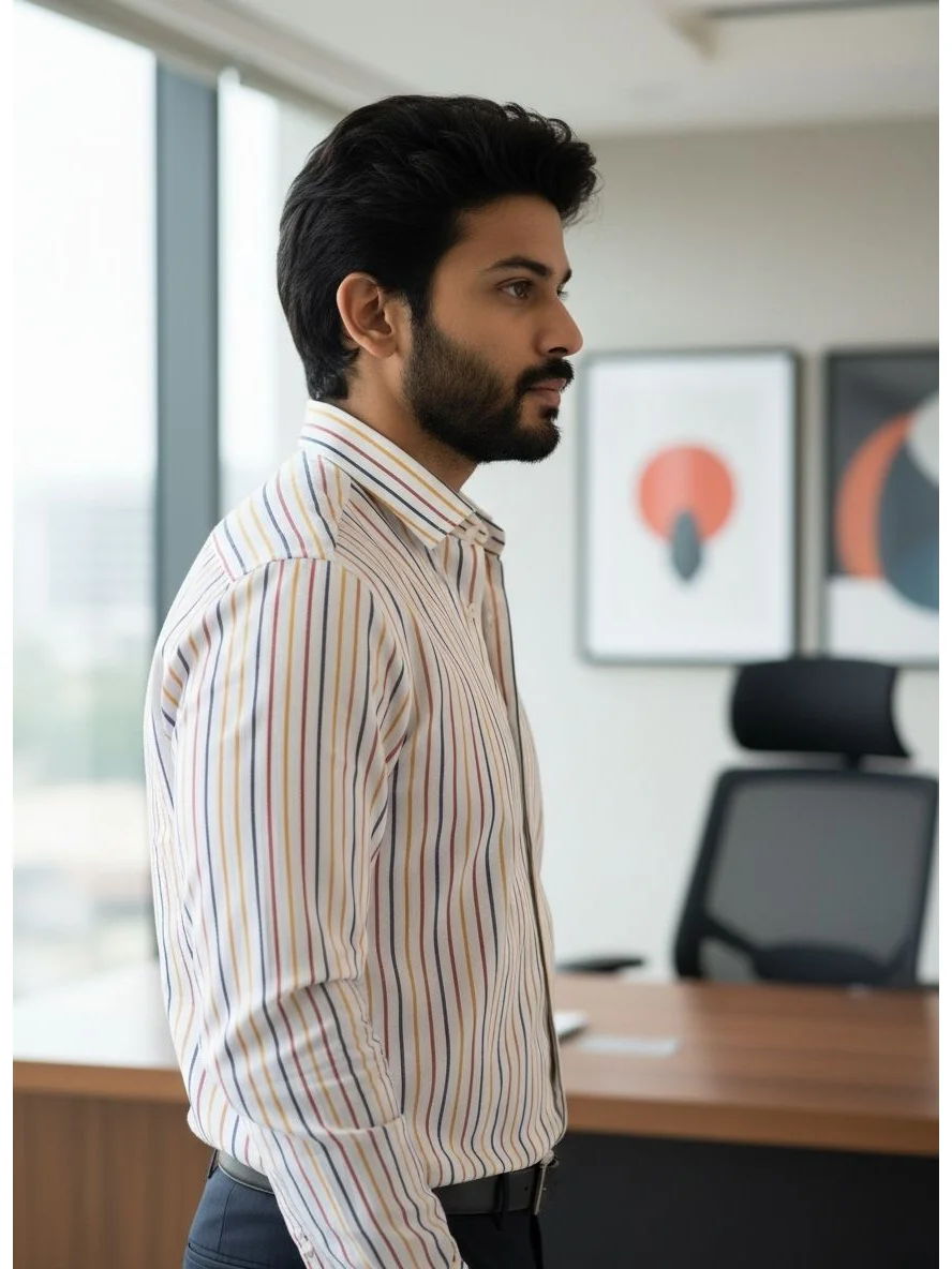 Model wearing a multi-coloured striped long-sleeve shirt with a classic collar in a side view