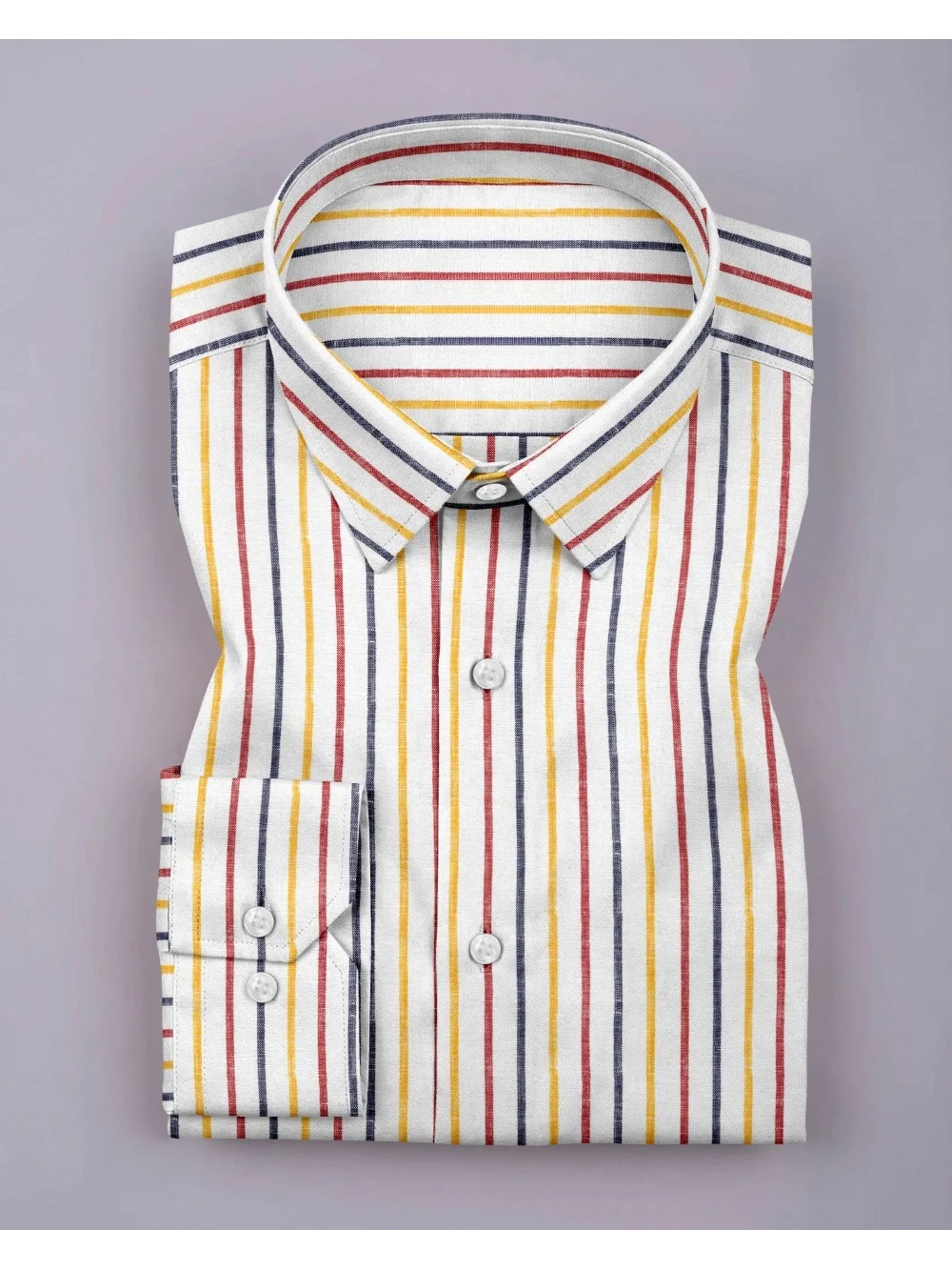 Folded white shirt with vertical red, yellow, and navy blue stripes, flat lay view