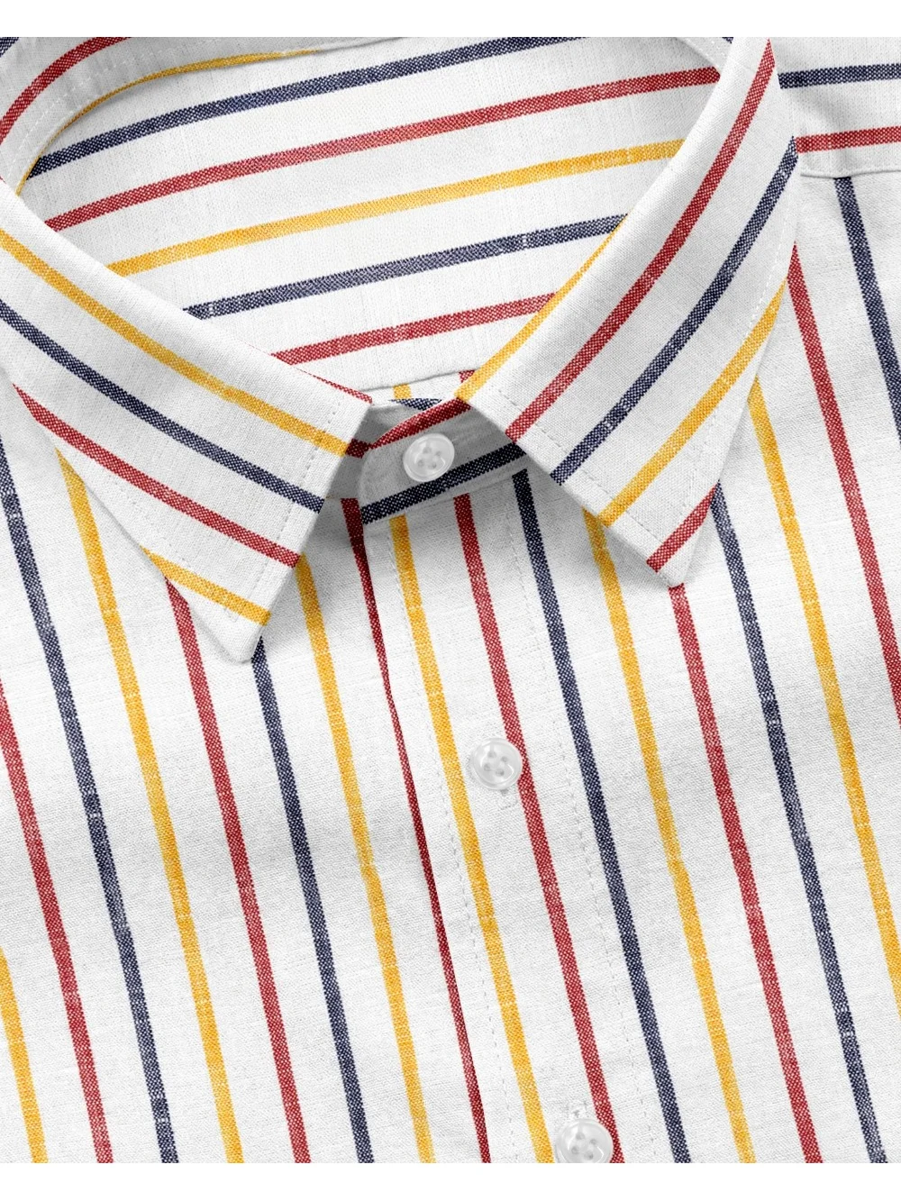 White shirt with red, yellow, blue stripes, collar, buttons, close-up