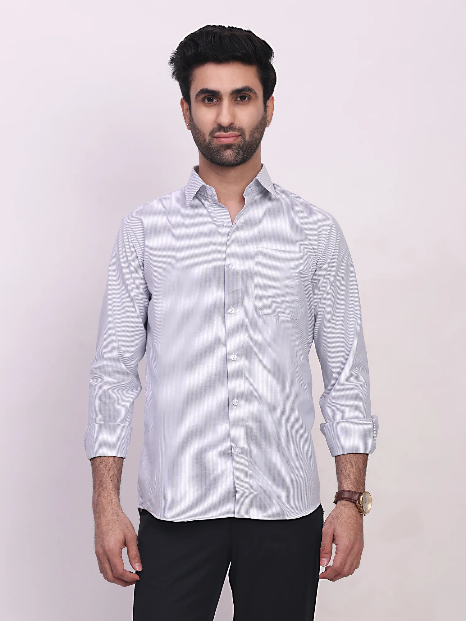 Light blue striped dress shirt, front view, on model, buttons, collar, cuffs, pocket