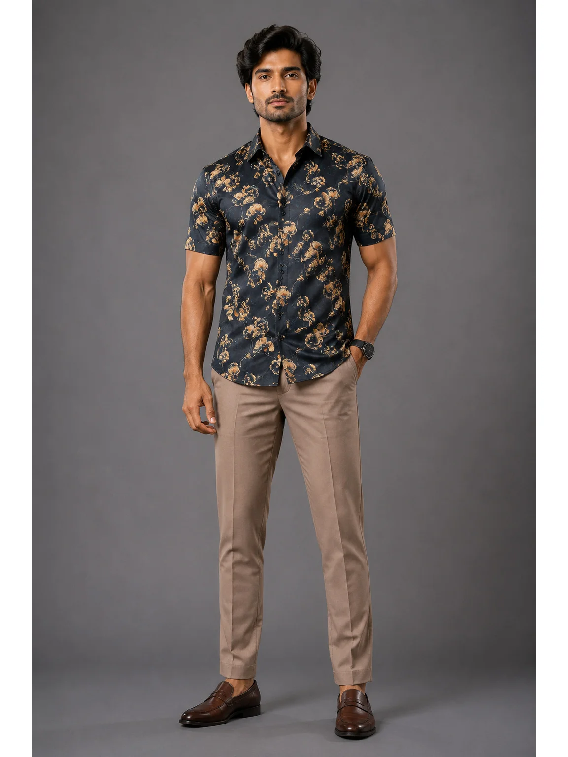 Short-sleeved shirt, navy blue with yellow floral print, collar, buttons, worn by a model
