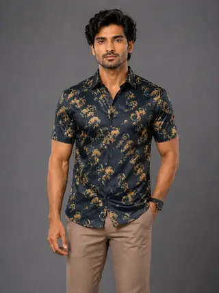 Cotton Blend Floral Print Regular Fit Shirt in Navy Blue & Mustard