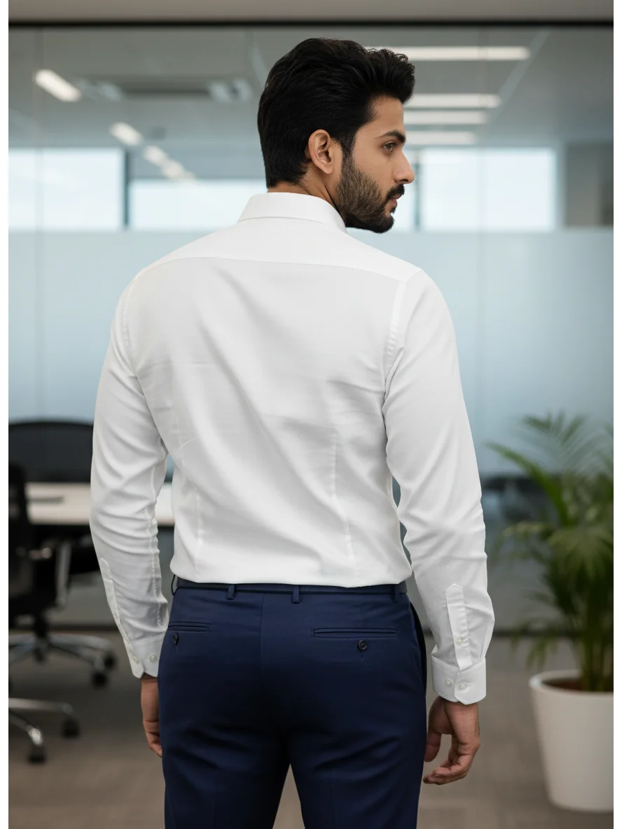 White shirt, back view, worn by a model, long sleeves, point collar