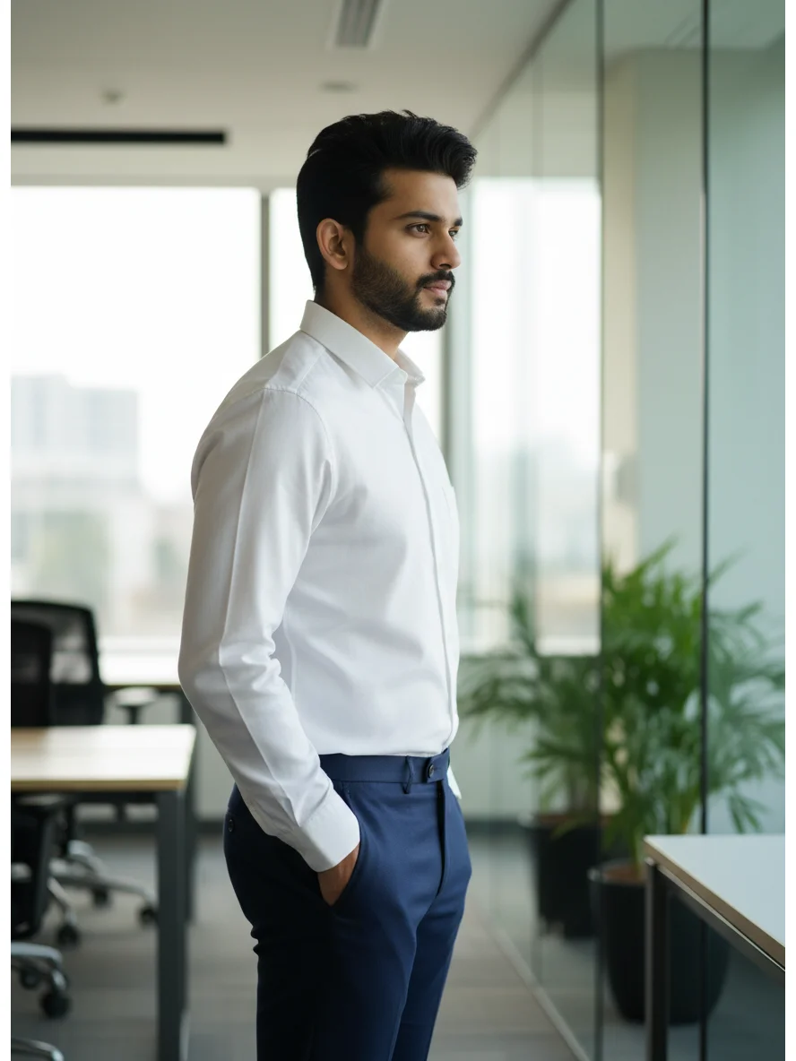 White shirt, collar, long sleeves, buttoned up, worn by a model