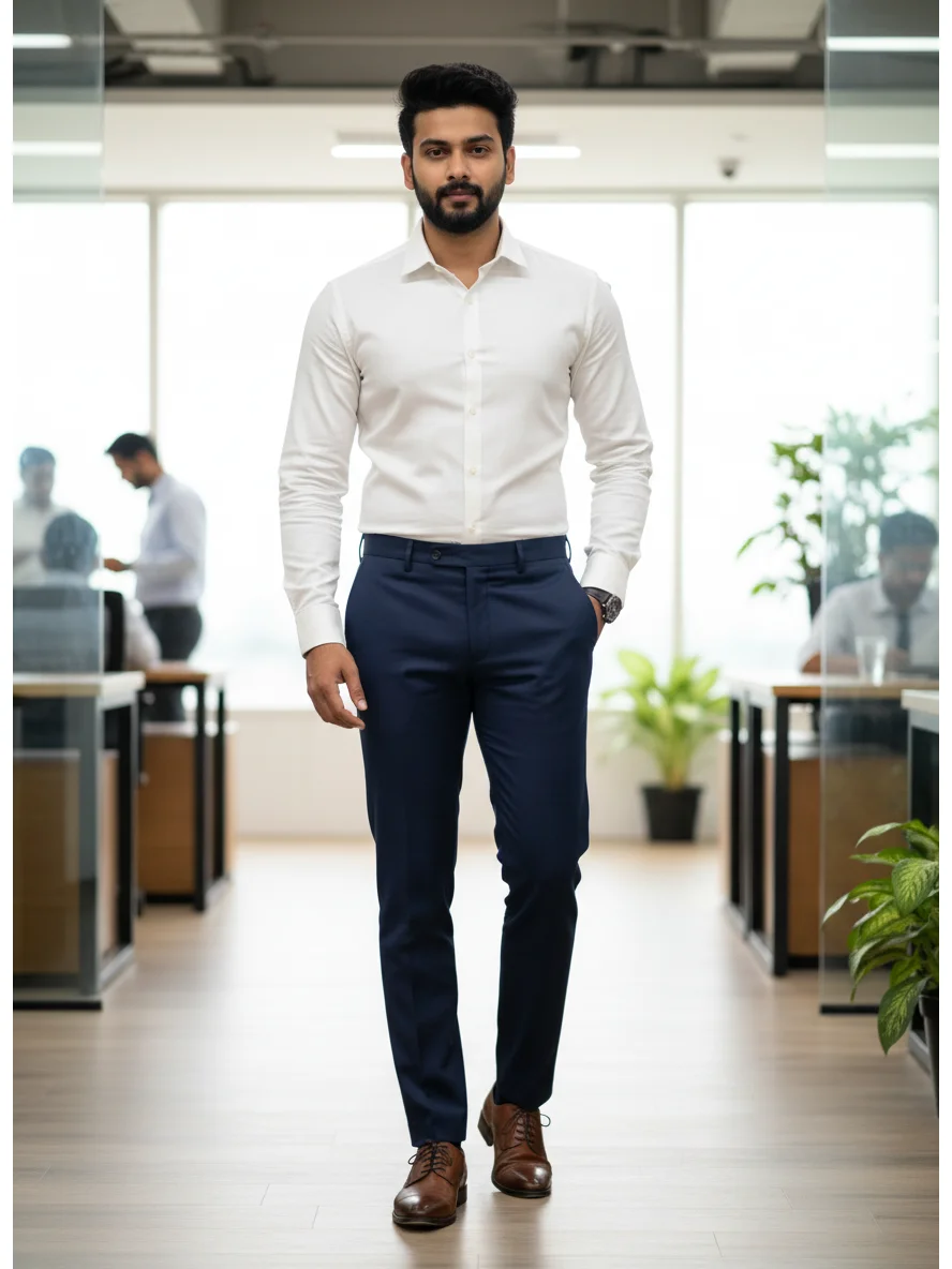 White button-down shirt, long sleeves, collar visible, worn by a model