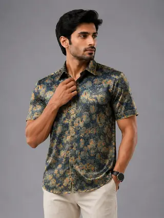 Cotton Blend Floral Print Regular Fit Shirt in Slate Blue & Orange