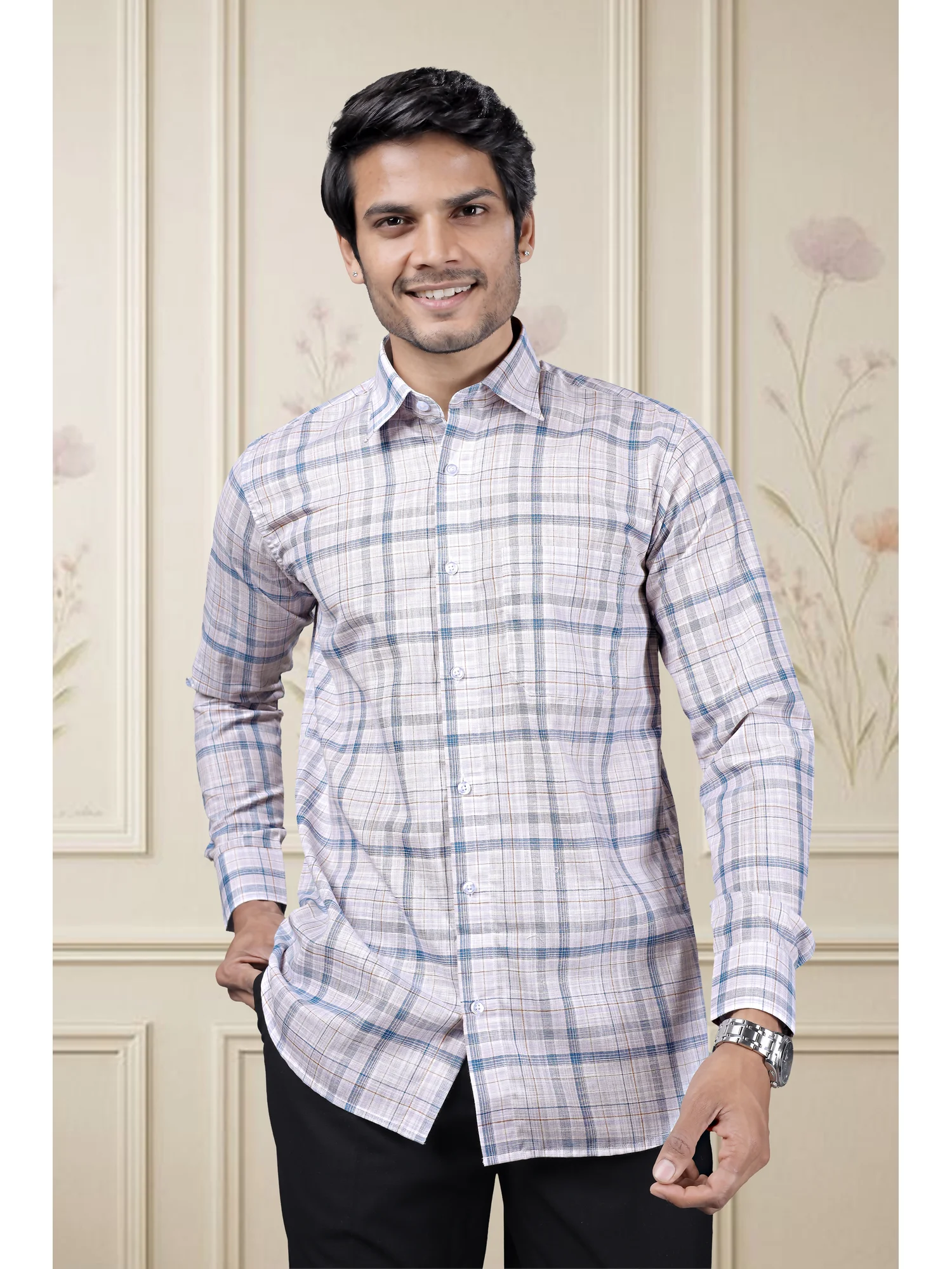 Long sleeve shirt, white blue and orange plaid, collar, buttons, worn by a model