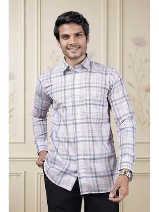 Cotton Linen Checkered Regular Fit Shirt in Blue