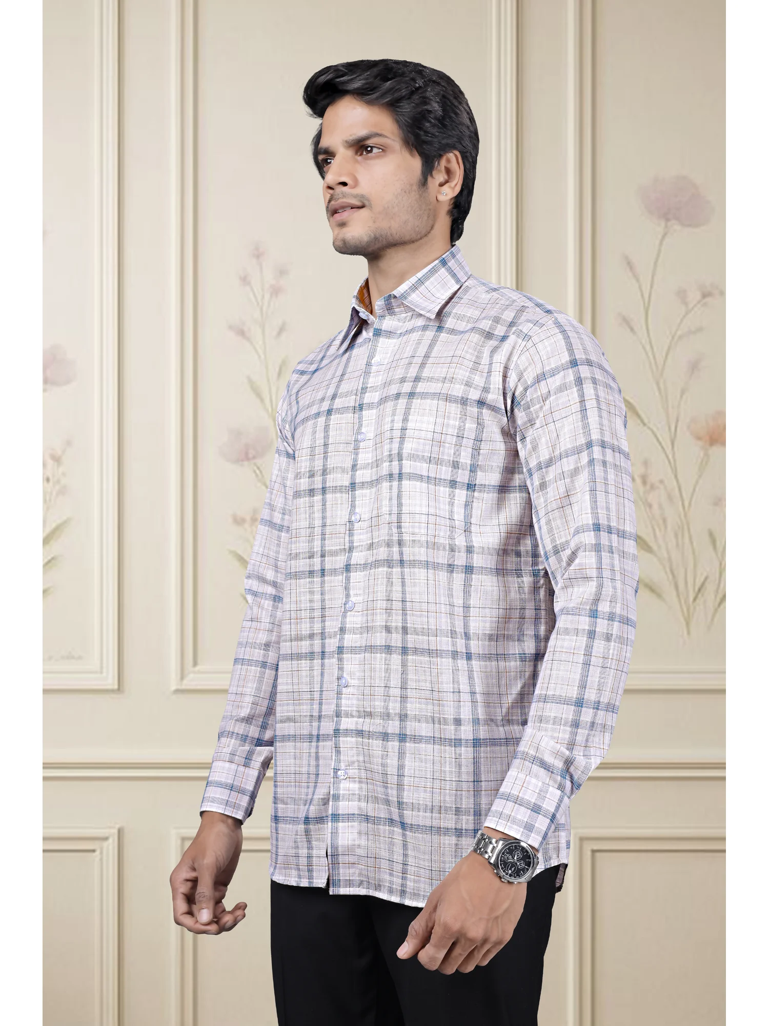 Long sleeve shirt, white and blue plaid, collar, buttons, worn by a model
