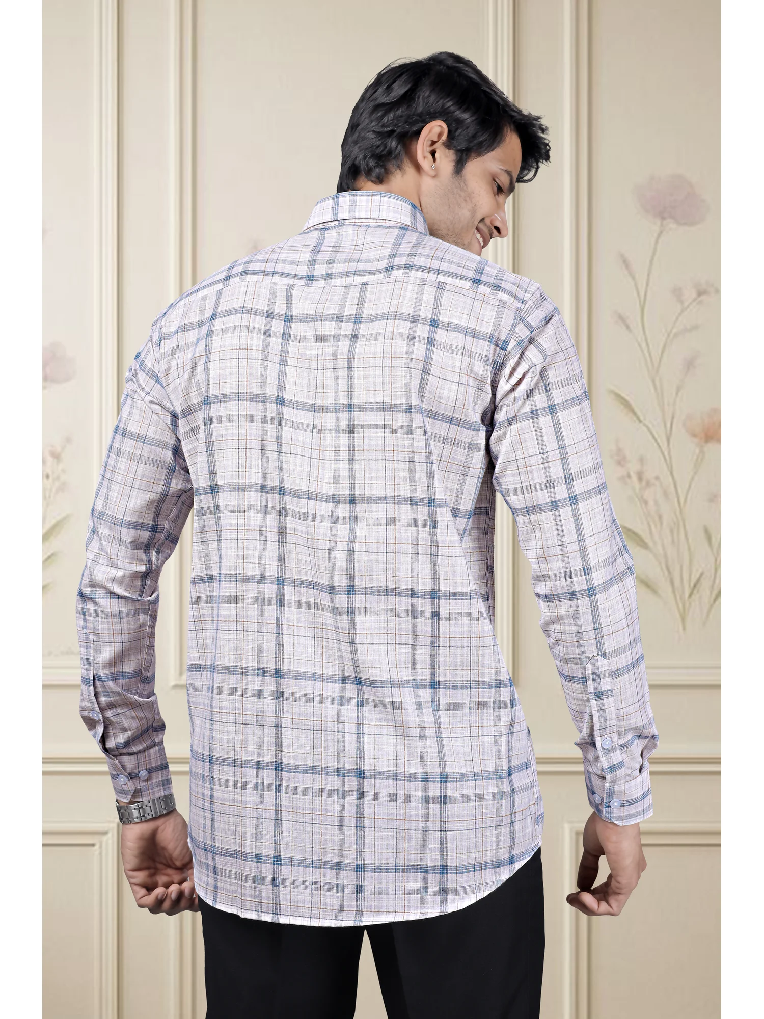 Long sleeve shirt, white and blue plaid, back view, worn by a model