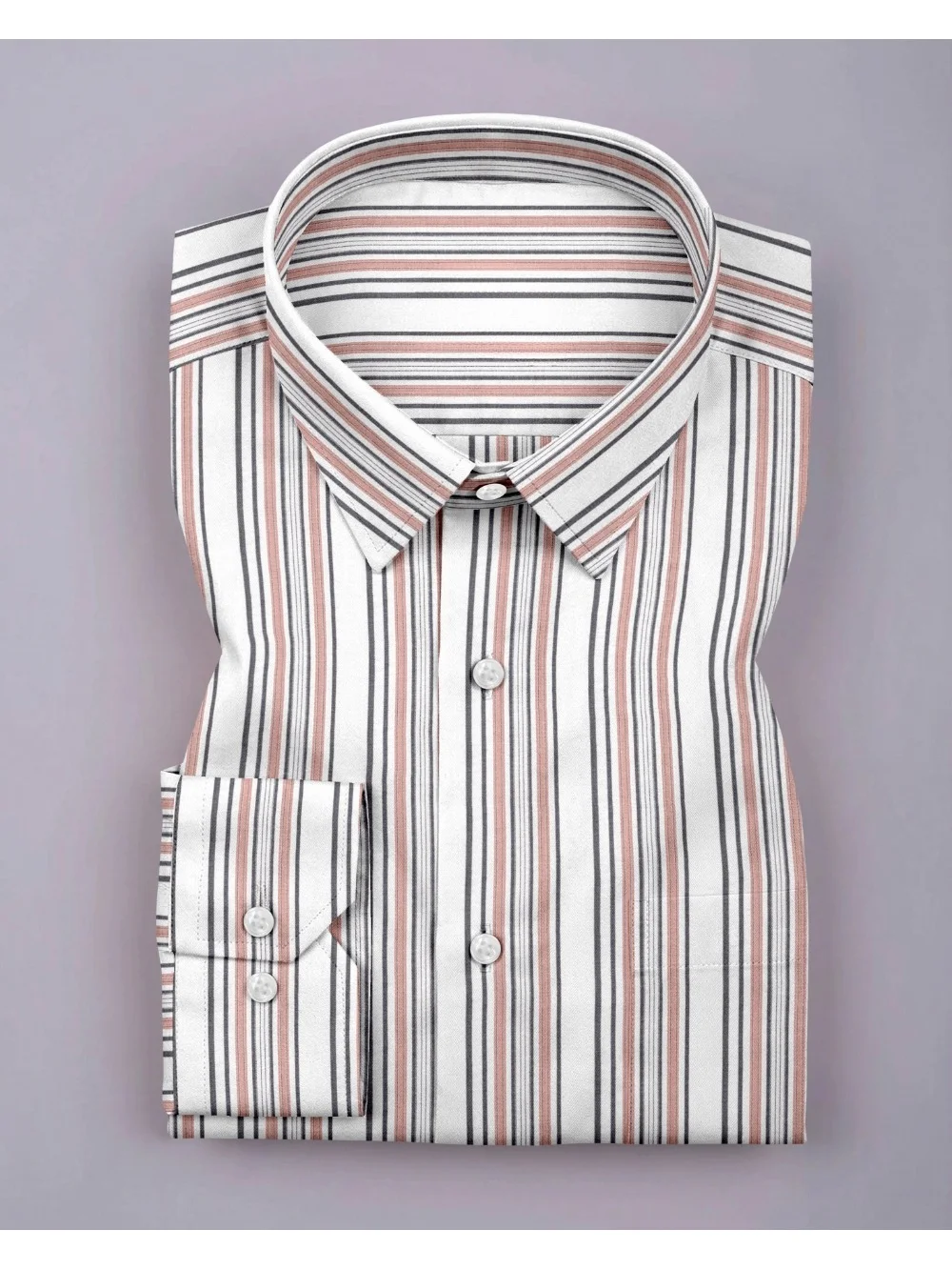 Dress shirt, white with red and black stripes, collar, buttons, flat lay