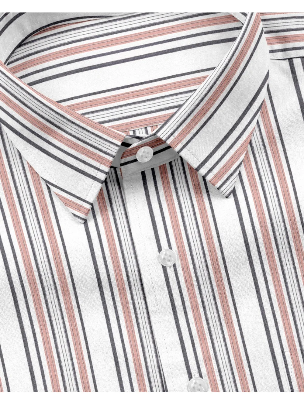 Striped shirt, white base with black and pink stripes, collar, buttons, close-up