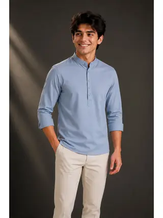 Cotton Blend Solid Regular Fit Short Kurta in Powder Blue