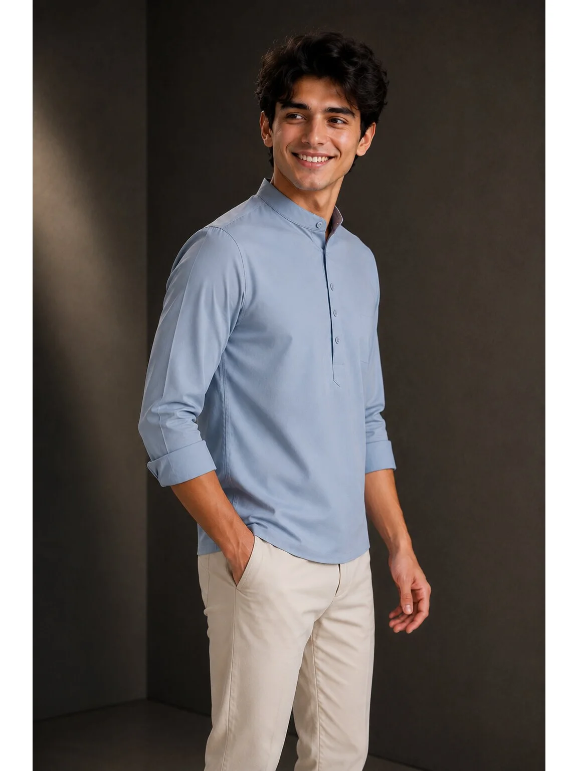 Light blue short kurta, front view, model, mandarin collar, buttons, cuffed sleeves
