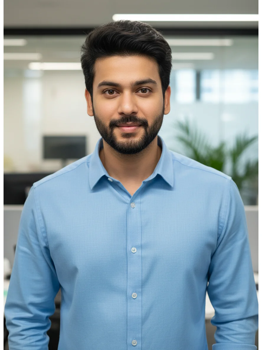 Front view of a model wearing a light blue solid long-sleeve shirt with a standard collar and front buttons