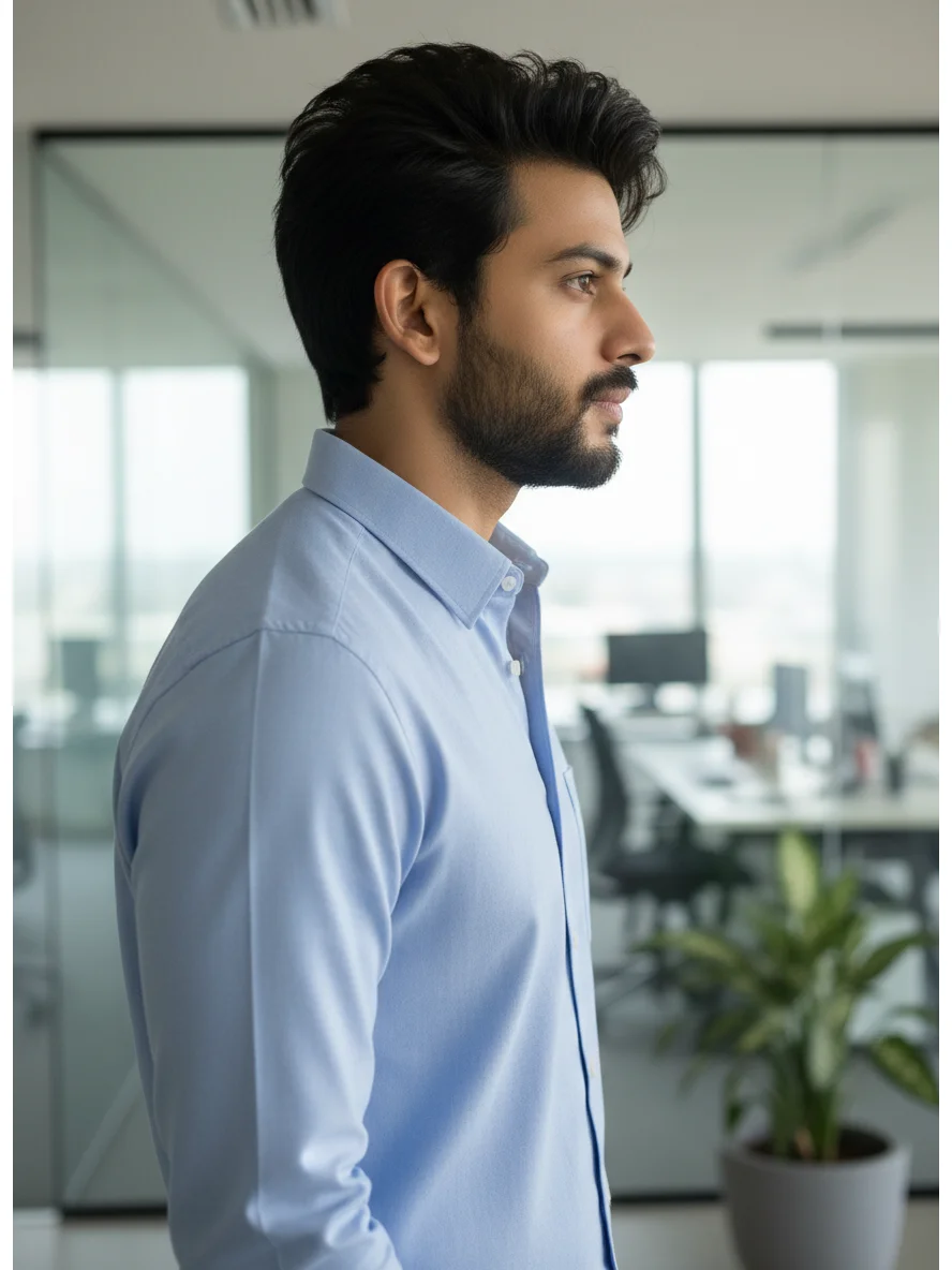 Side view of a bearded man wearing a light blue long-sleeve shirt with a pointed collar