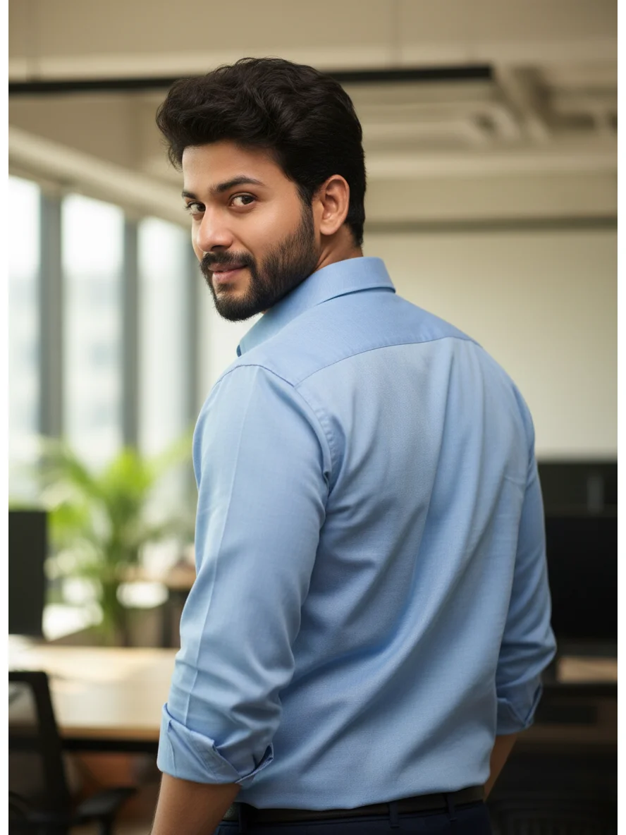Model wearing a light blue long-sleeve shirt, back view, looking over shoulder