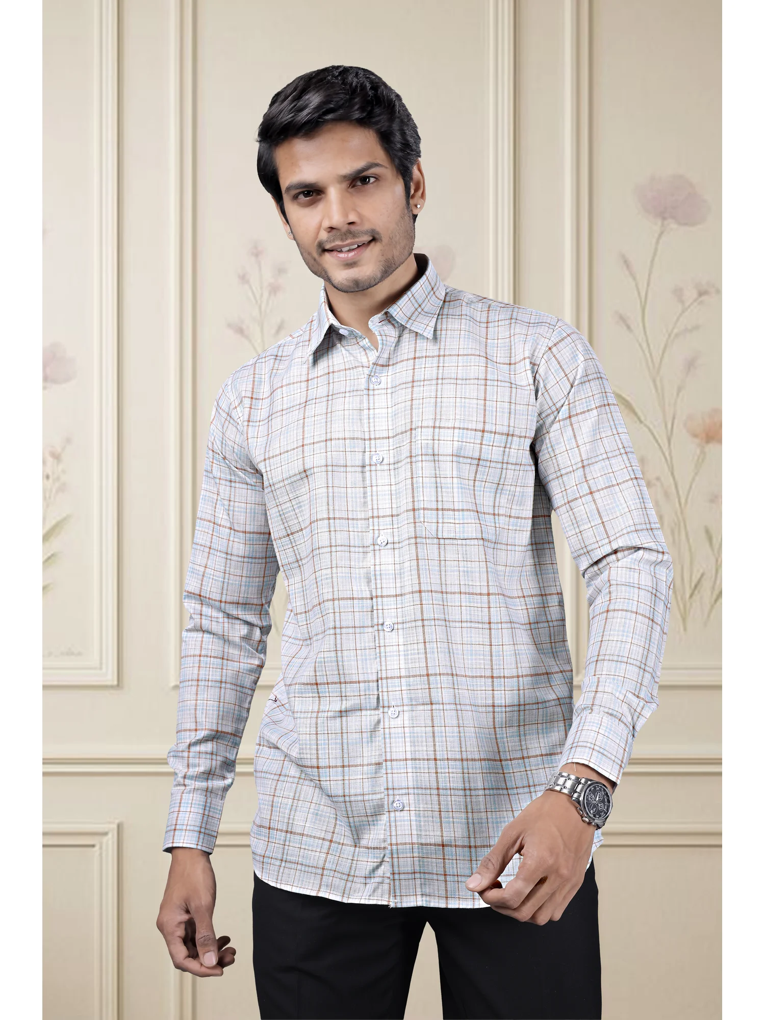 Long sleeve shirt, light blue and brown check, collar, buttons, worn by a model