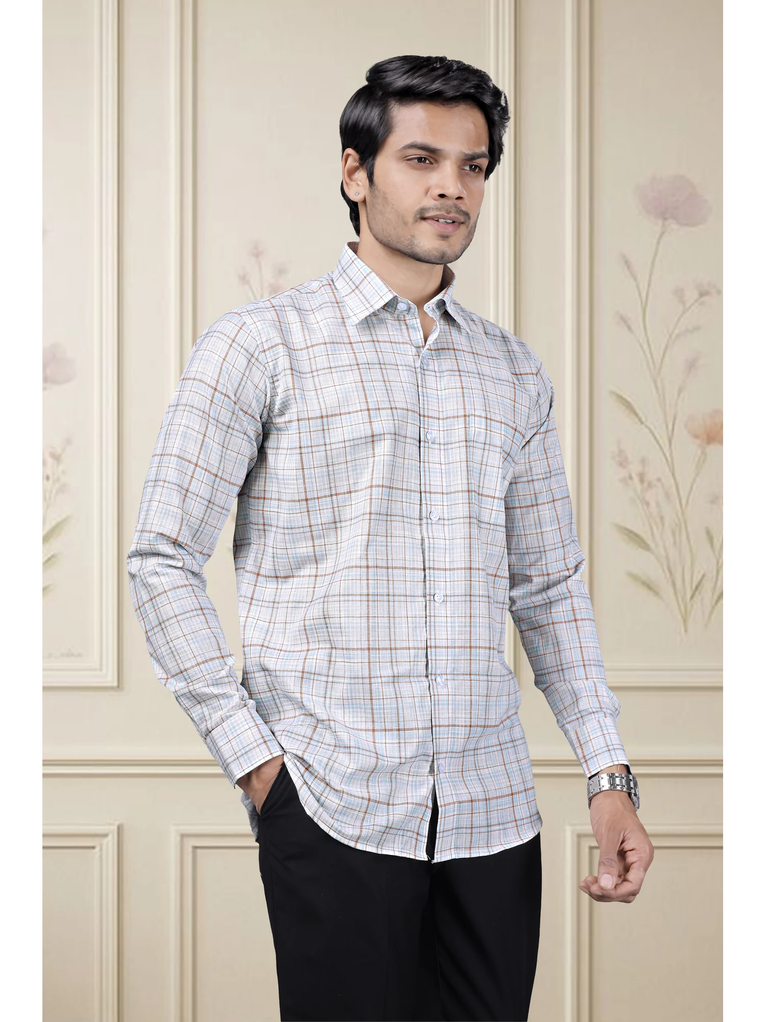 Long sleeve shirt, light blue and brown check, collar, buttons, worn by a model